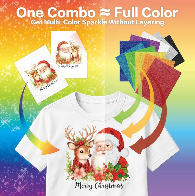 HTVJOYDO 12 Pcs Combo Sublimable White Glitter HTV Heat Transfer Vinyl & Printable Sublimation Paper, 6 Sheets Each 8.5x11, Iron-On for Light & Dark Fabrics, DIY Crafts, All-in-One Colorful Creations - Image 5
